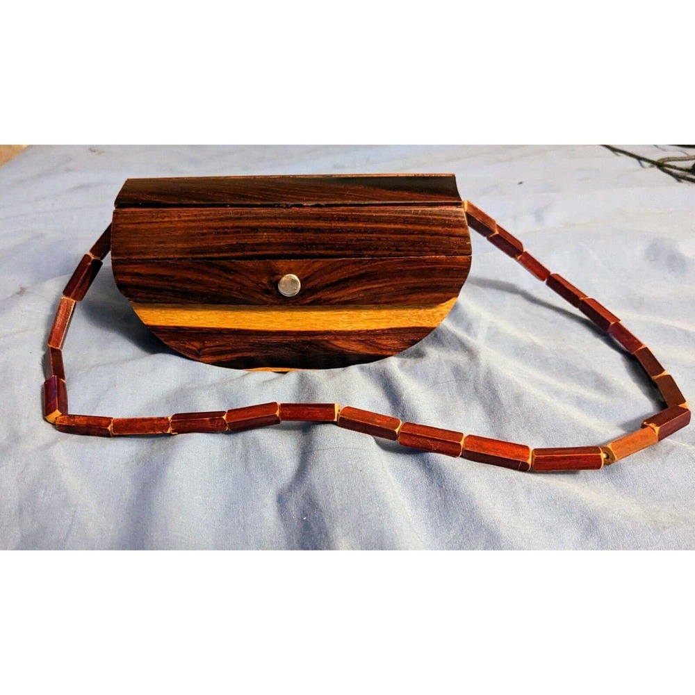 Vintage 1960s Wooden Barrel Boho Shoulder Bag Purse SM 6"X4" Brown